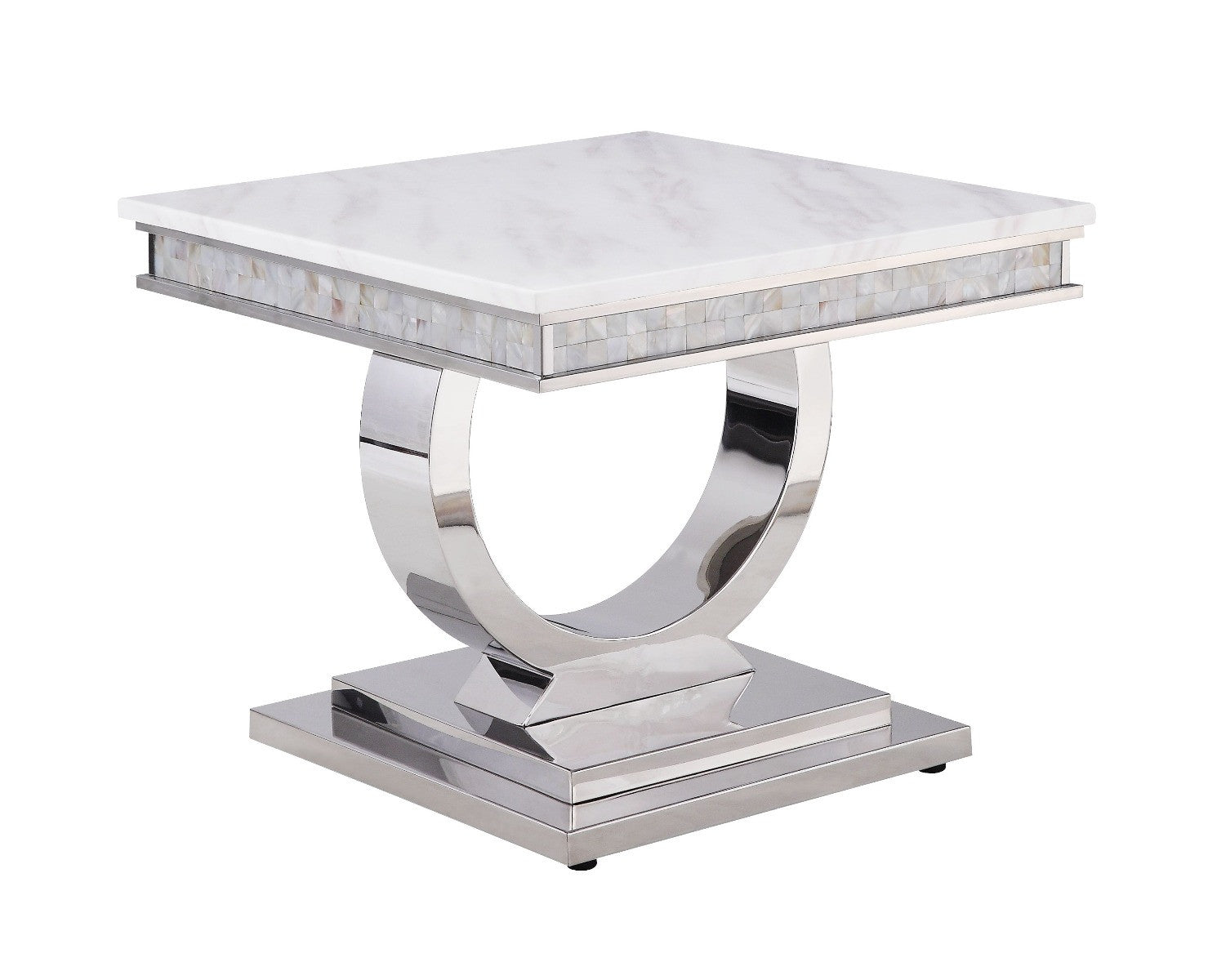 20" Silver And White Marble Look Stainless Steel Square End Table