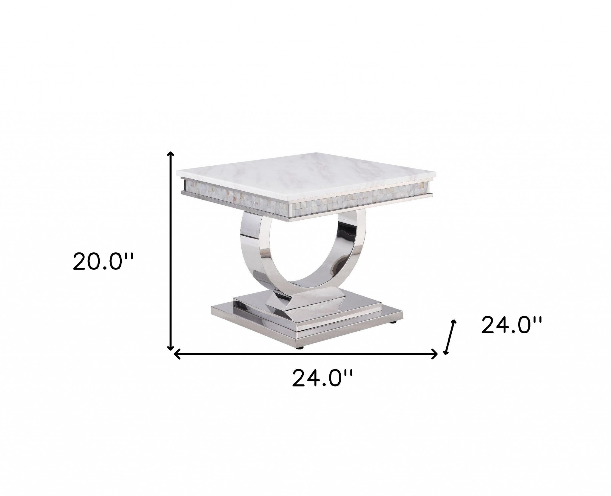 20" Silver And White Marble Look Stainless Steel Square End Table