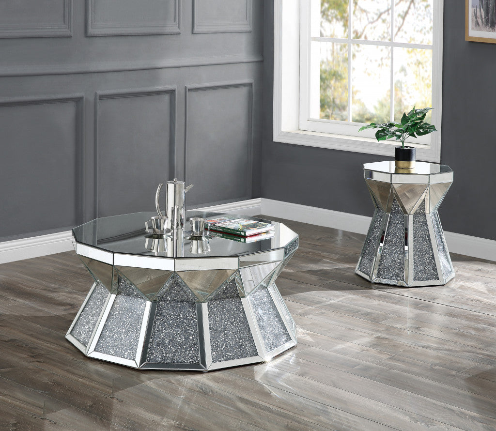 24" Gray And Silver Mirrored Round Mirrored End Table