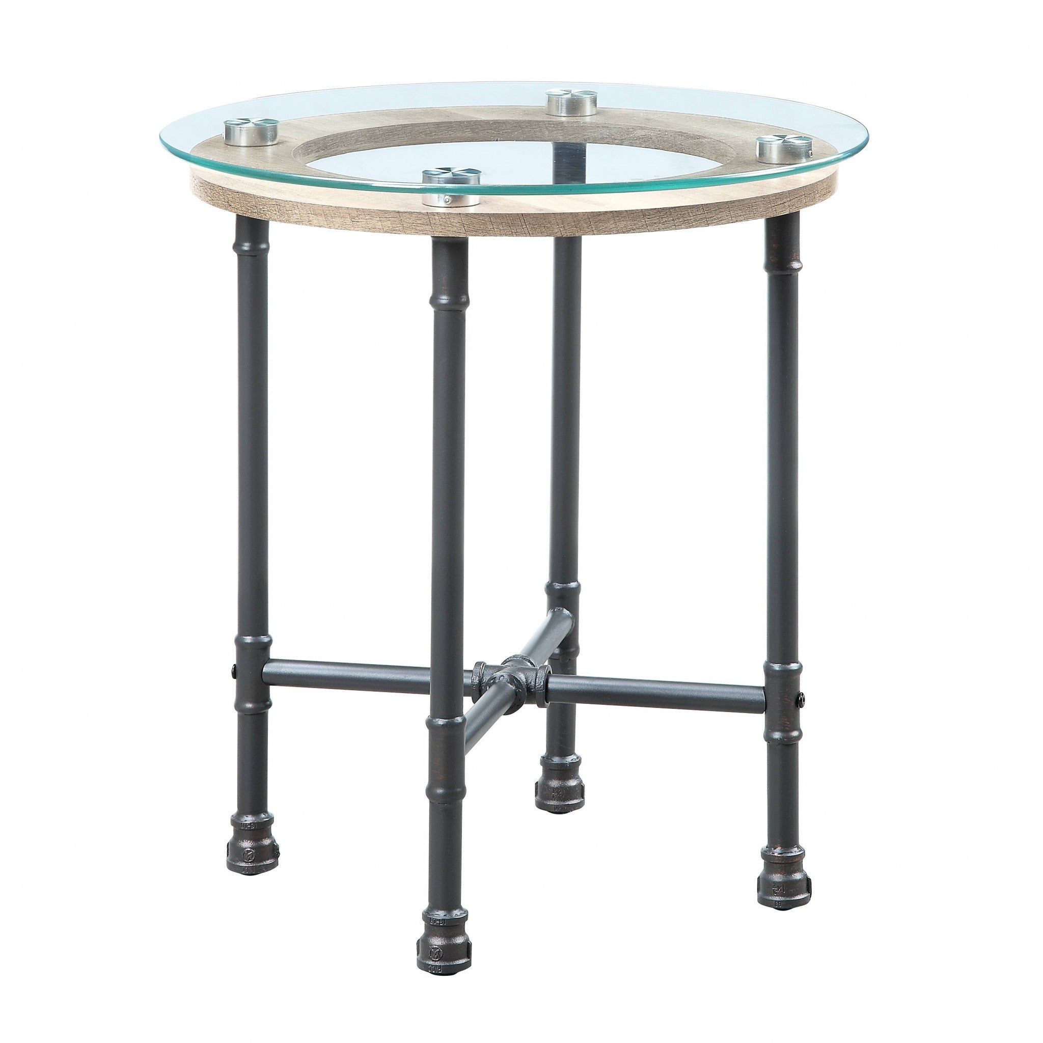24" Sandy Gray And Clear Glass And Metal Round End Table
