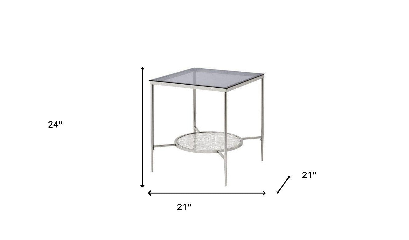 24" Chrome And Clear Glass And Metal Square End Table With Shelf