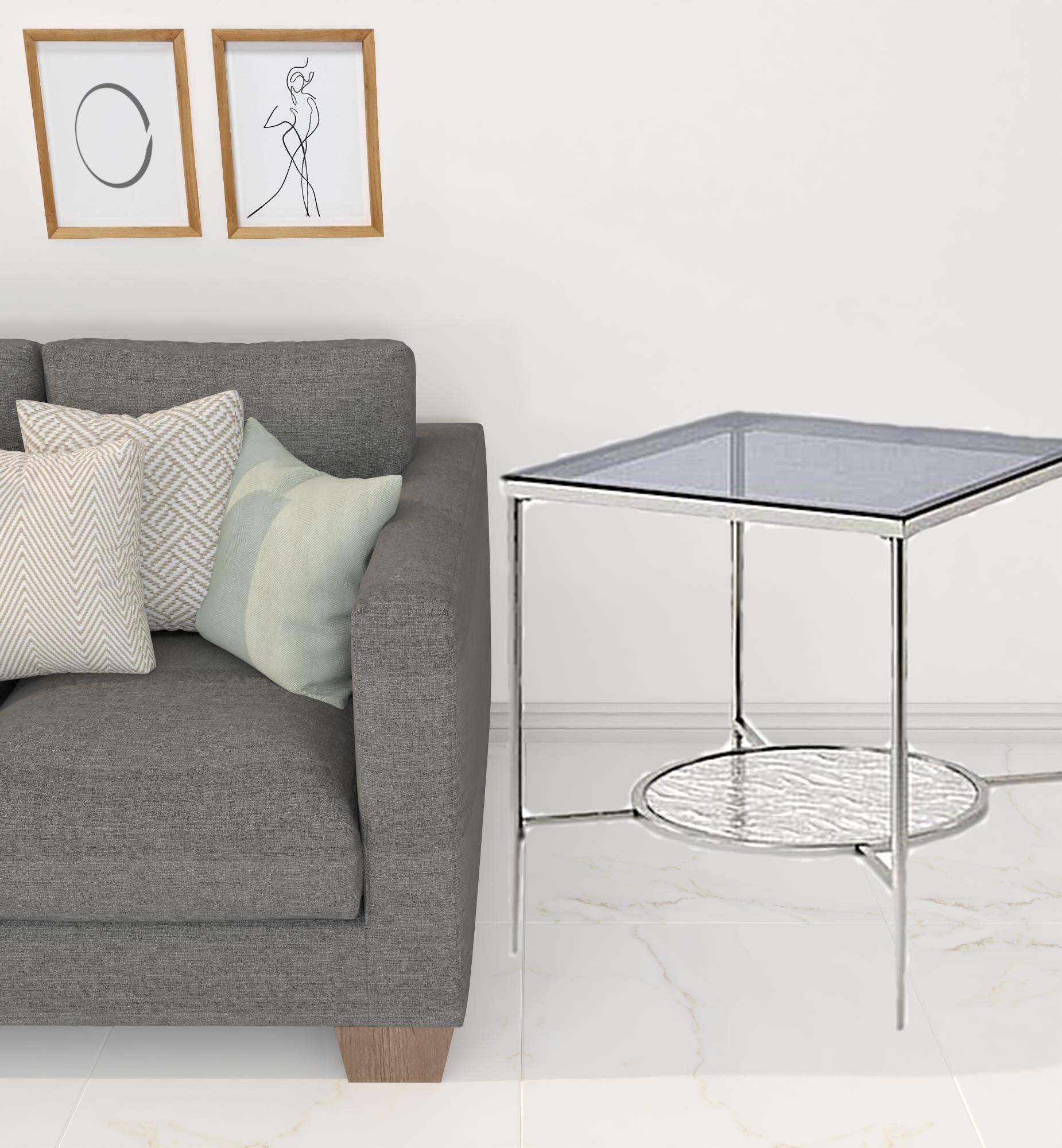 24" Chrome And Clear Glass And Metal Square End Table With Shelf