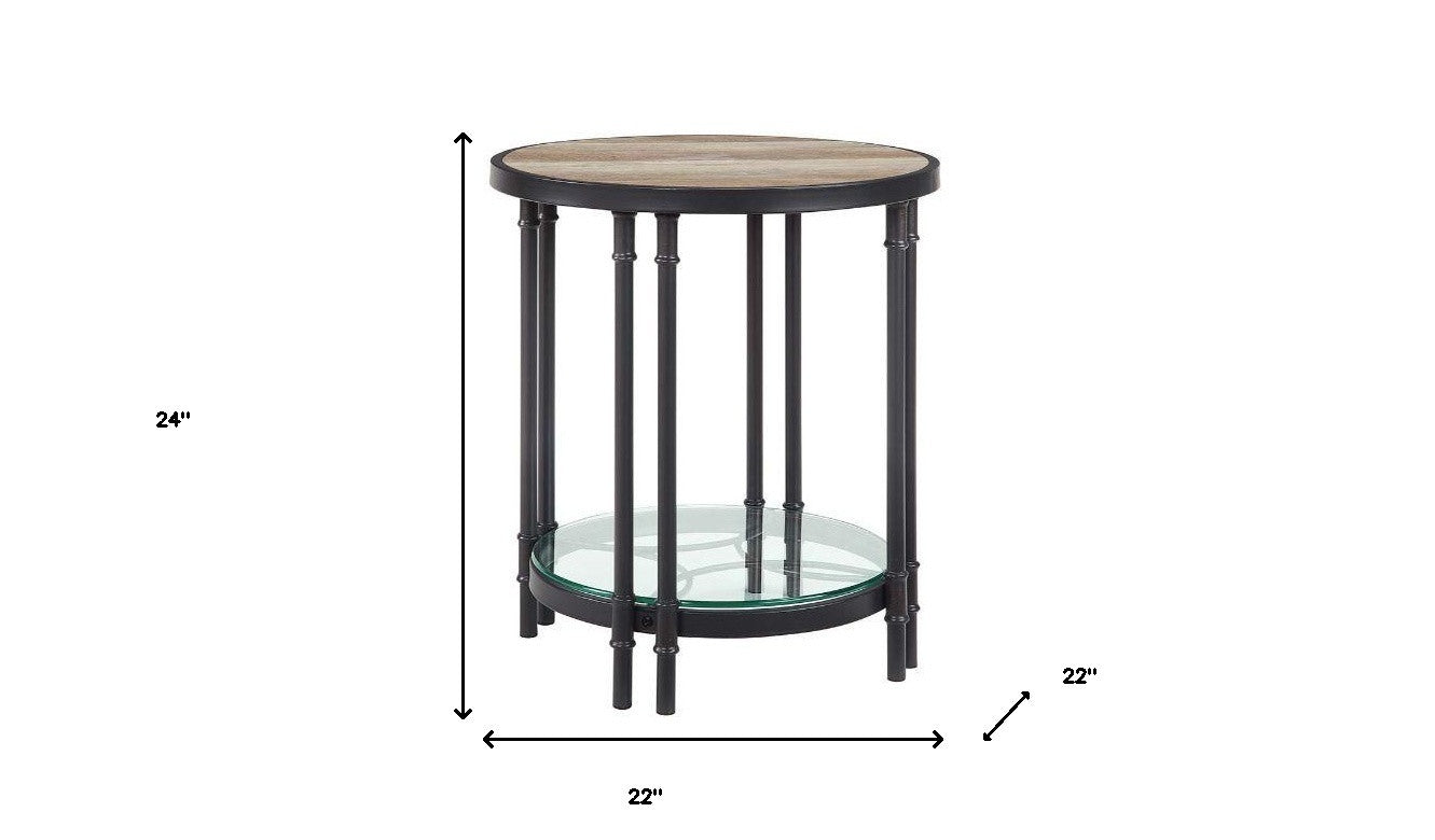 24" Sandy Black And Oak Manufactured Wood And Metal Round End Table With Shelf