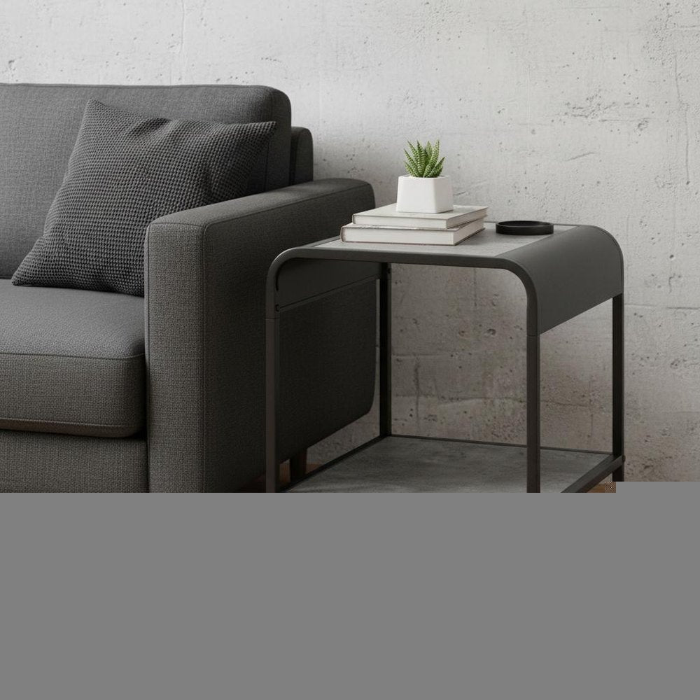 21" Black And Concrete Gray Manufactured Wood And Metal Rectangular End Table With Shelf