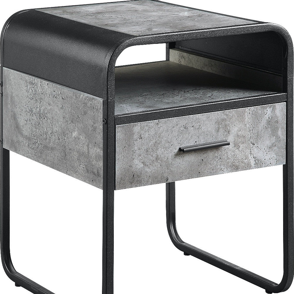 22" Black And Concrete Gray Manufactured Wood And Metal Square End Table With Drawer And Shelf