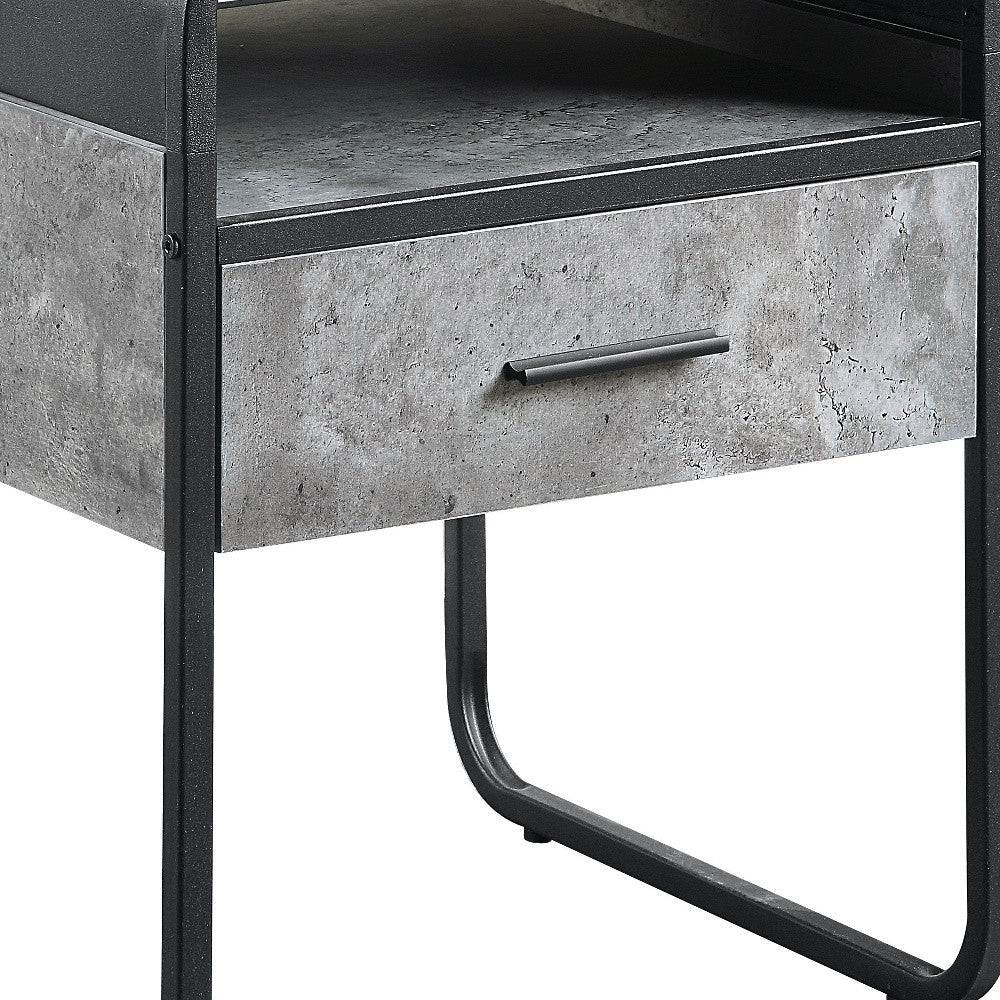 22" Black And Concrete Gray Manufactured Wood And Metal Square End Table With Drawer And Shelf