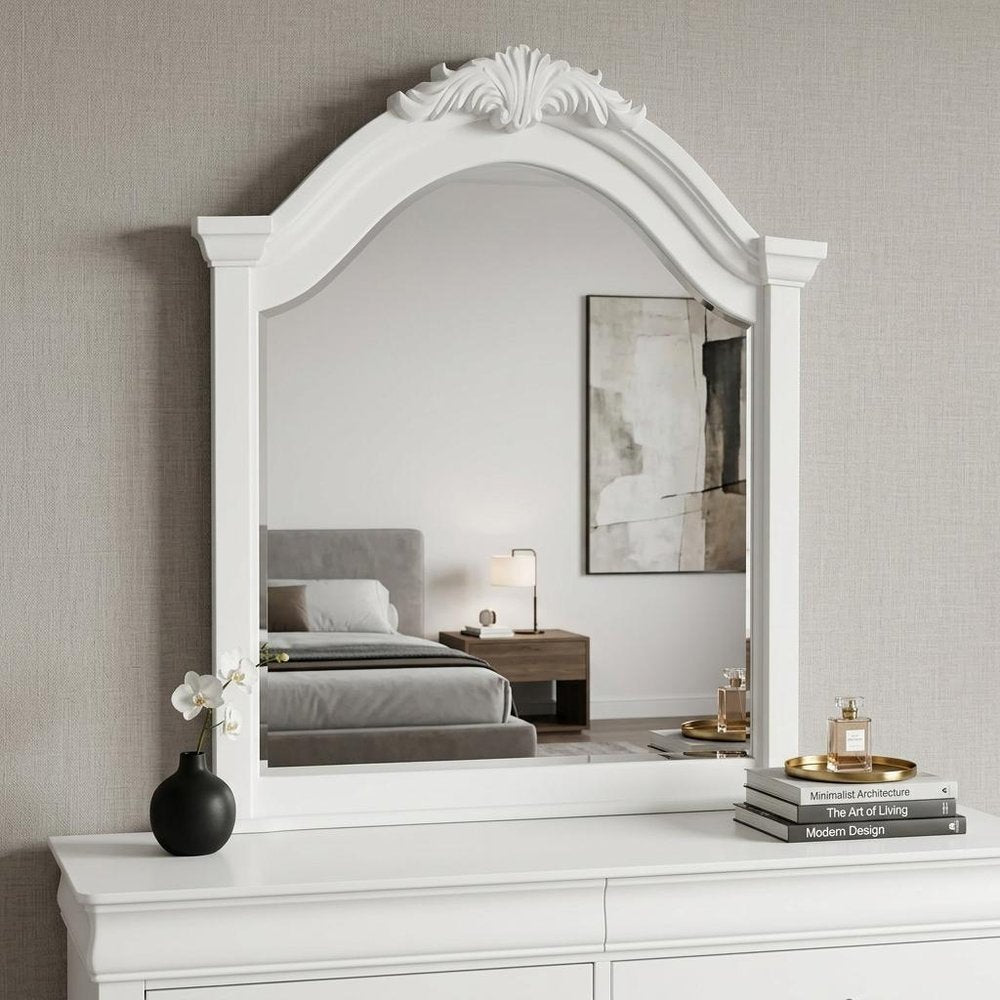 43" White Solid Wood Crowned Top Dresser Mount Framed Mirror