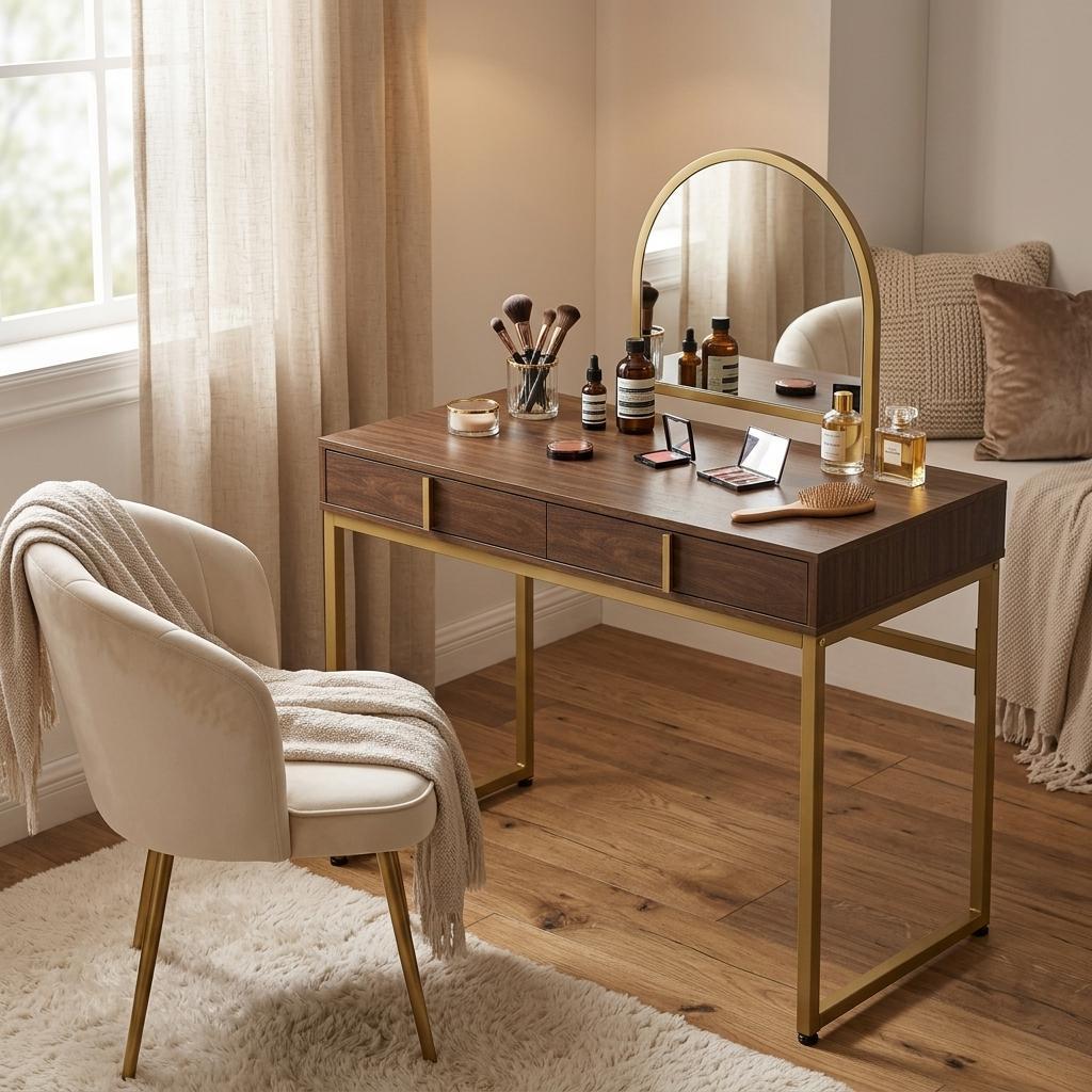 42" Gold Mirrored Vanity Table with Mirror With Two Drawers