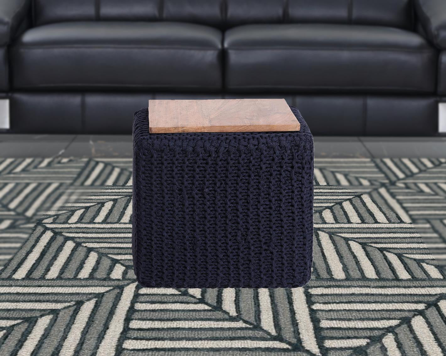 16" Navy Blue Cotton Blend Pouf Ottoman