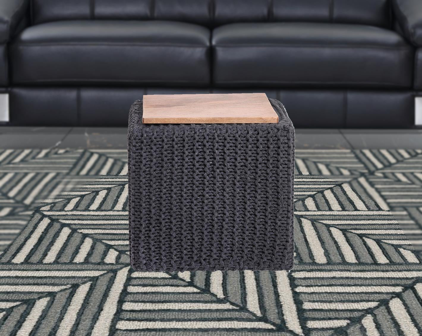 16" Navy Blue Cotton Blend Pouf Ottoman