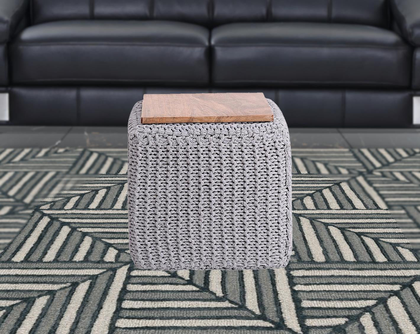 16" Navy Blue Cotton Blend Pouf Ottoman