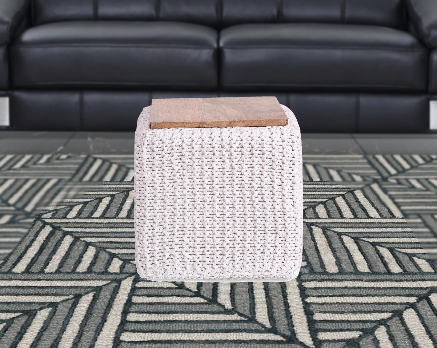 16" Navy Blue Cotton Blend Pouf Ottoman