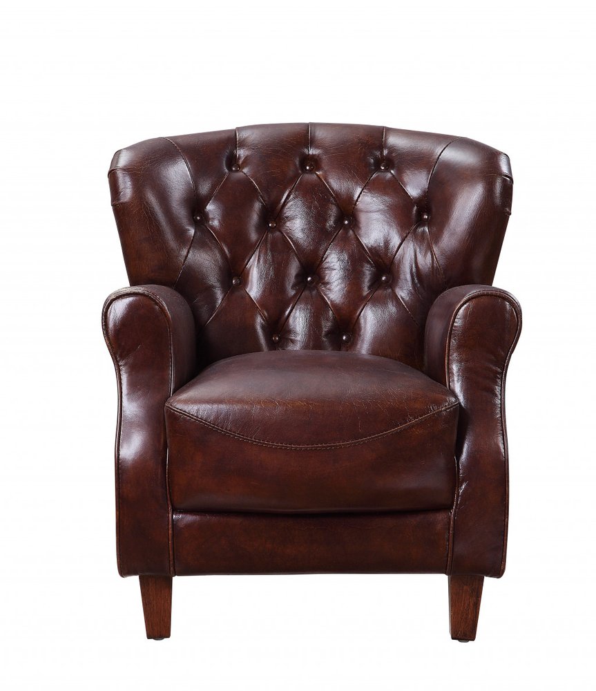 30" Brown and Steel Blue Top Grain Leather Tufted Club Chair