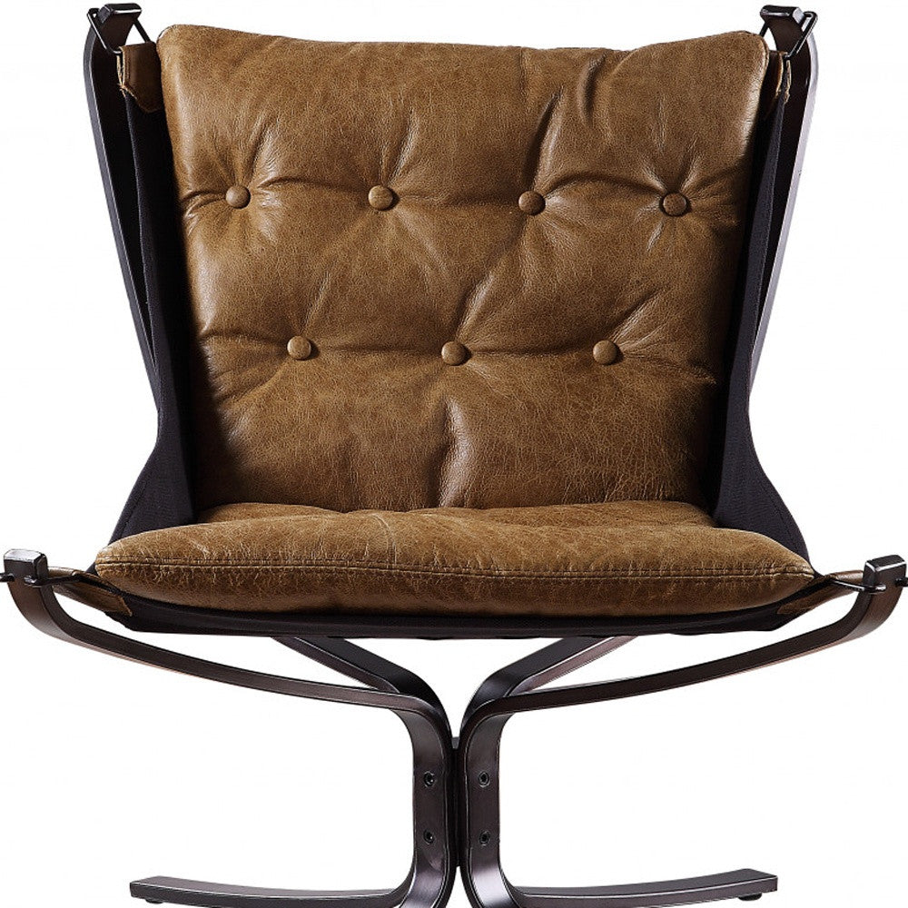 30" Coffee Top Grain Leather And Steel Solid Color Lounge Chair