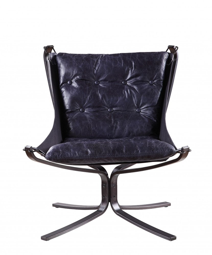 30" Blue and Steel Blue Top Grain Leather Tufted Lounge Chair