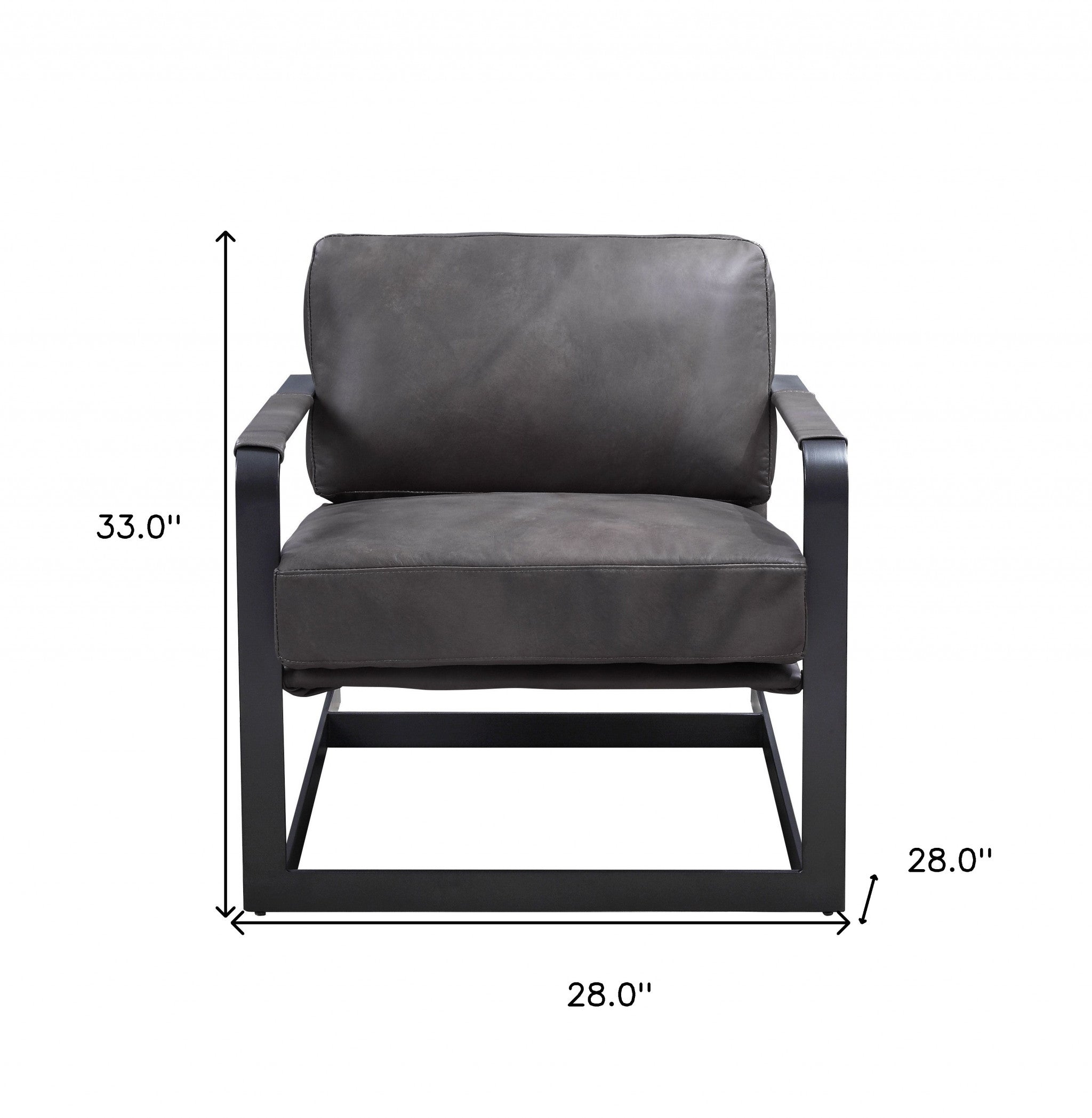 28" Gray Black Top Grain Leather And Steel Solid Color Arm Chair