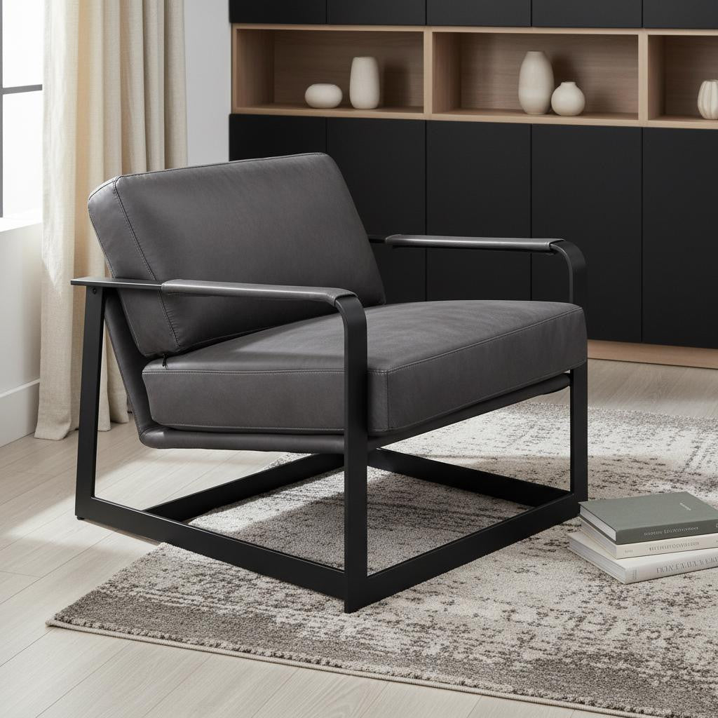 28" Gray and Steel Blue Top Grain Leather Arm Chair