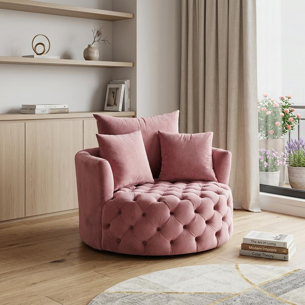 43" Pink Velvet Tufted Swivel Barrel Chair And Toss Pillows