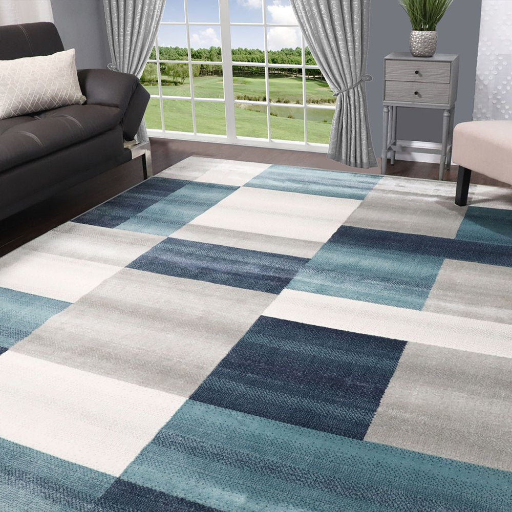 5' X 8' Teal And Ivory Patchwork Area Rug