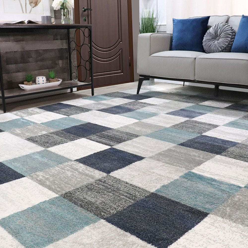 5' X 8' Teal Ivory And Gray Geometric Area Rug
