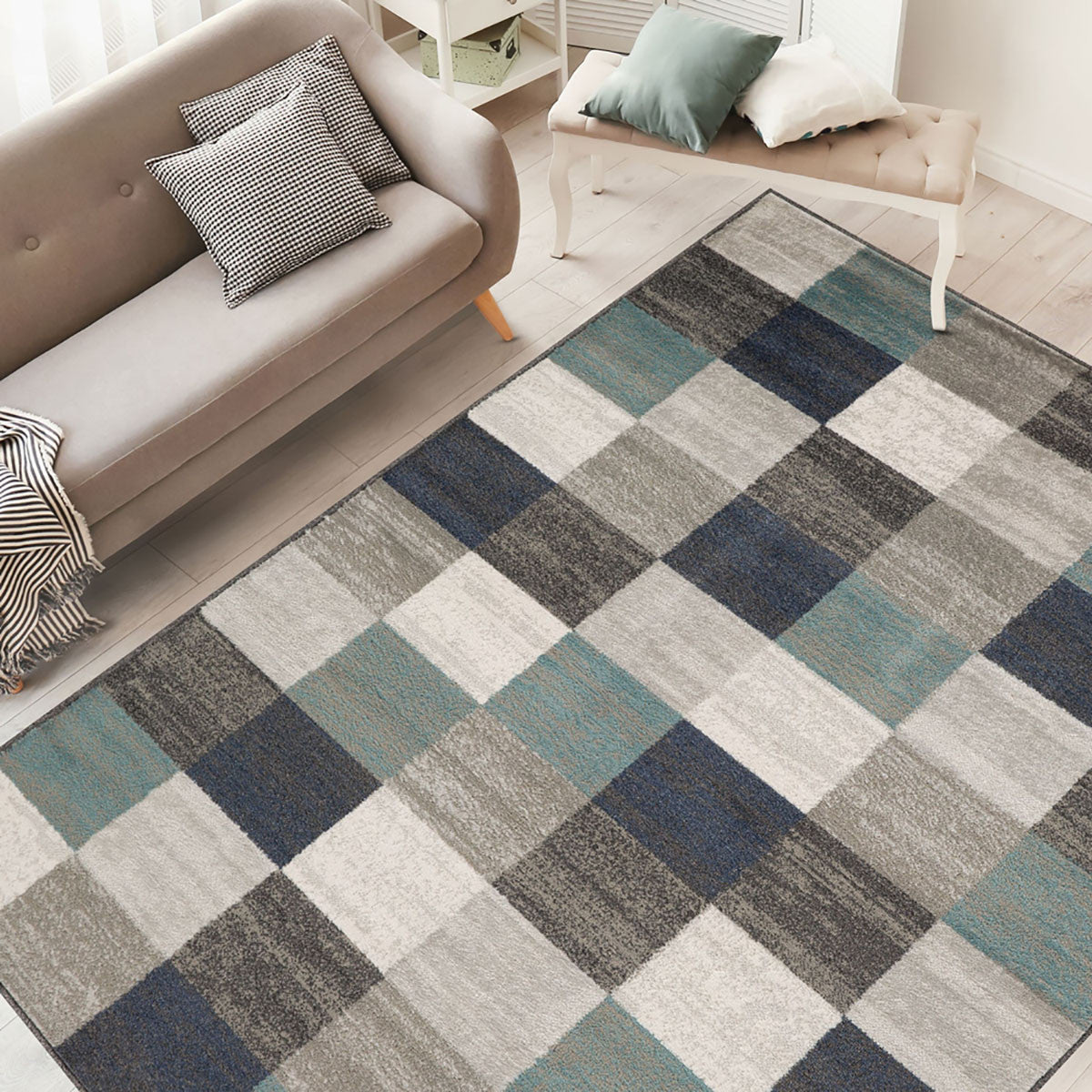 5' X 8' Teal And Gray Geometric Power Loom Stain Resistant Area Rug