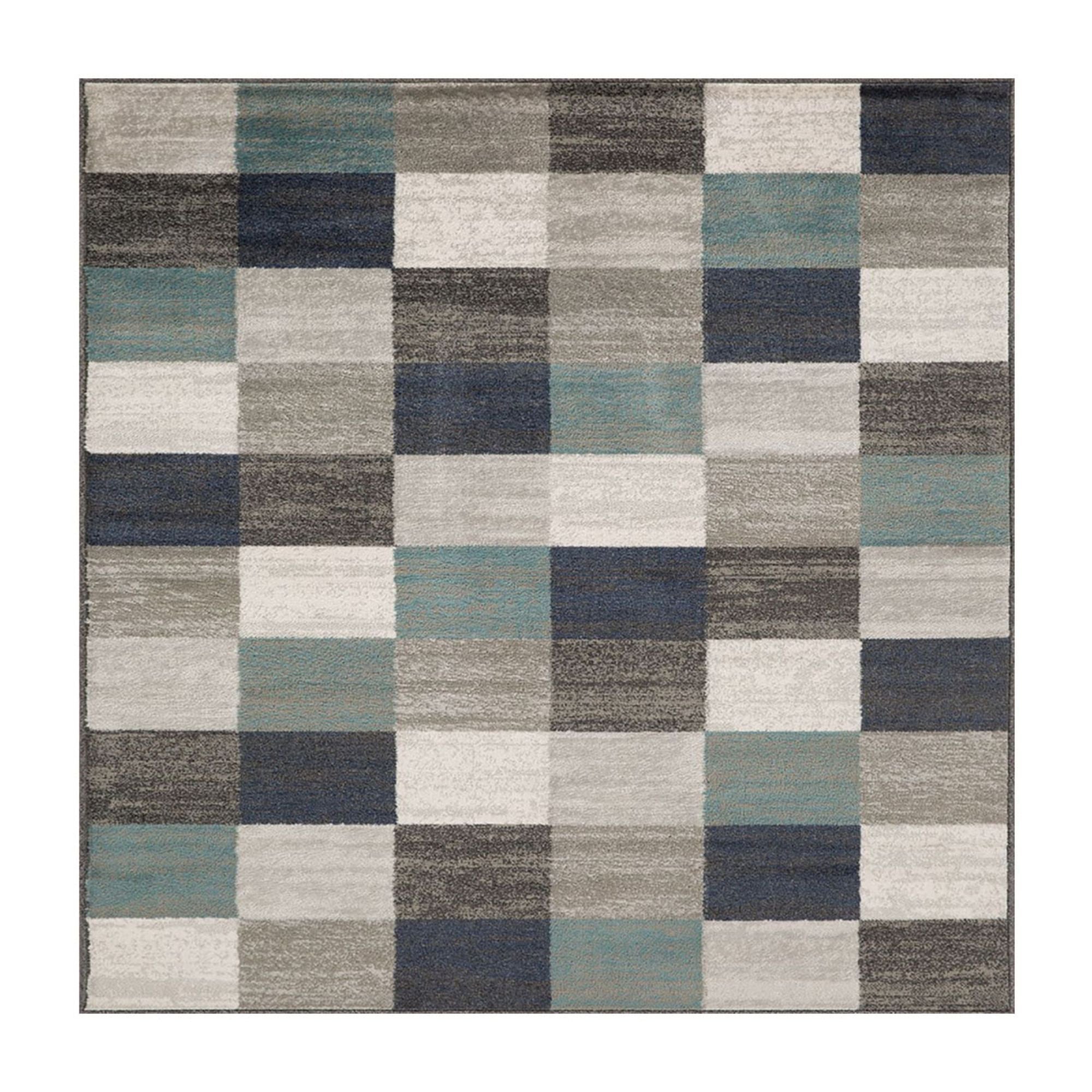 Blue And Gray Geometric Power Loom Stain Resistant Area Rug