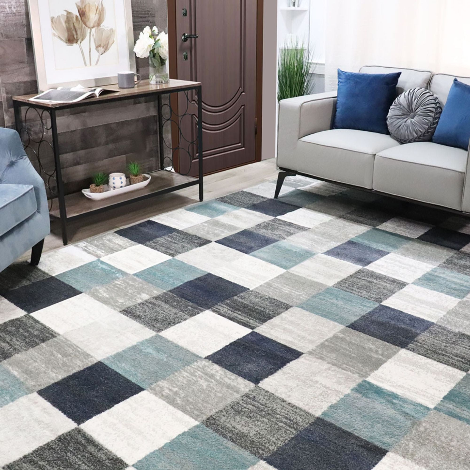 Blue And Gray Geometric Power Loom Stain Resistant Area Rug