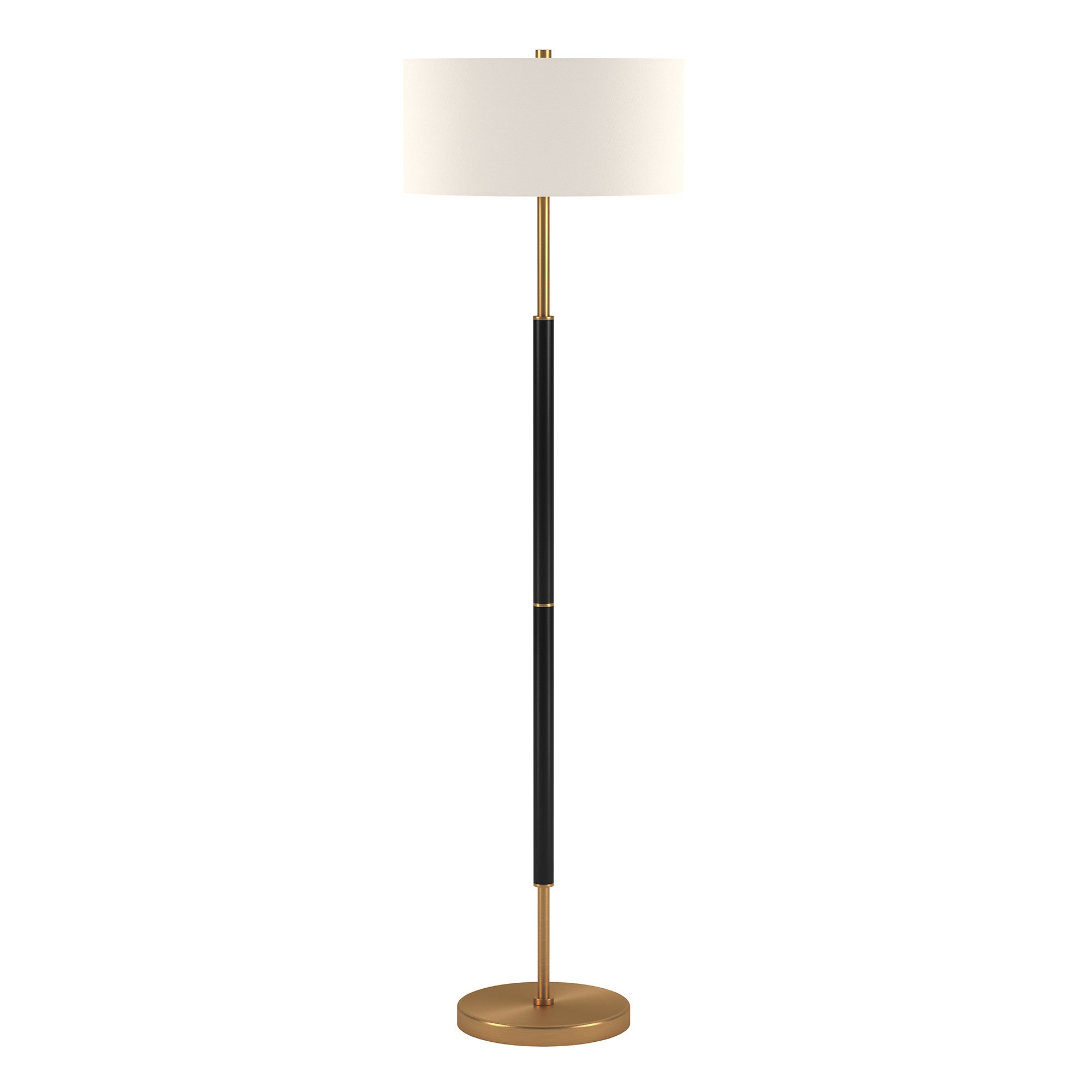 61" Gold And White Two Light Floor Lamp With White Fabric Drum Shade