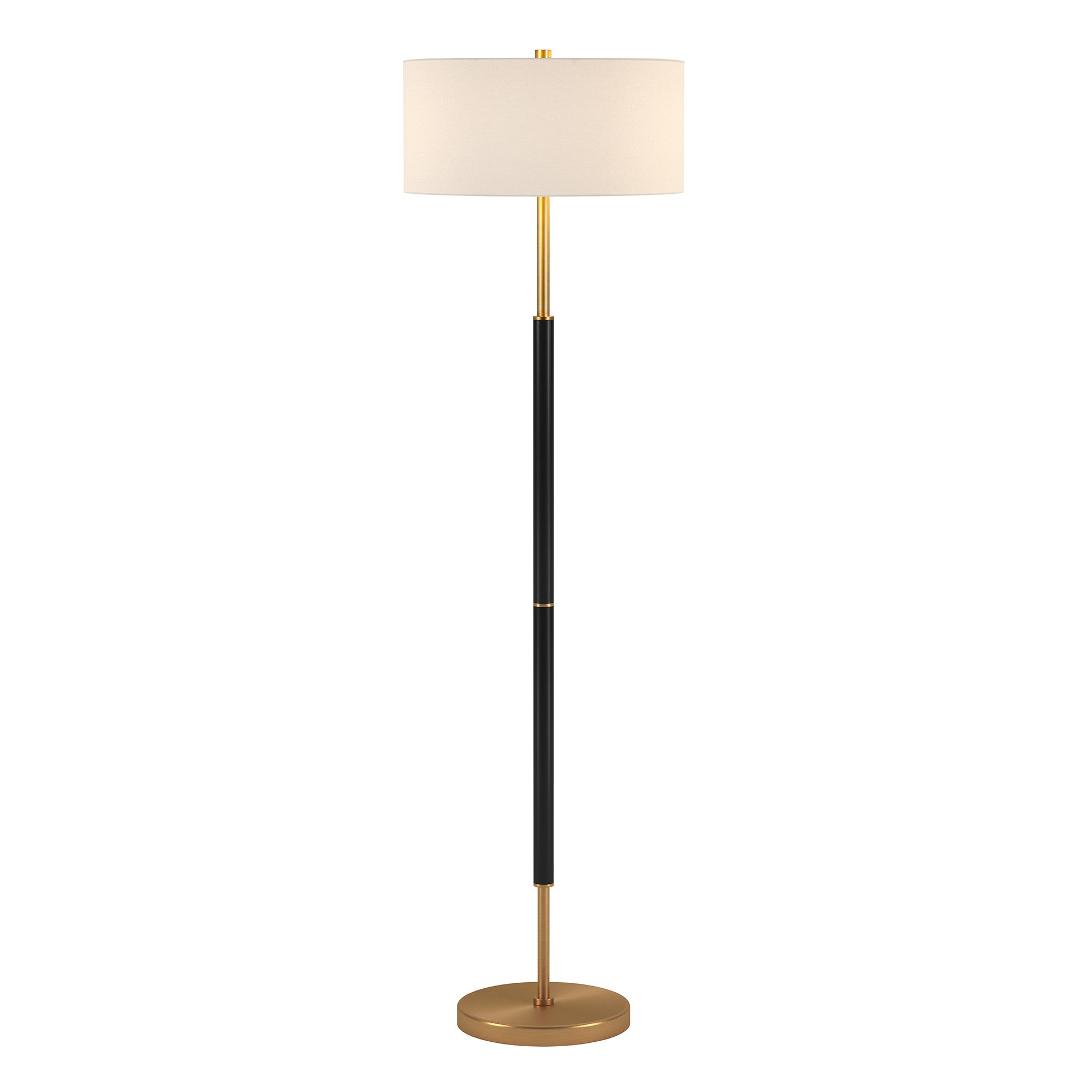 61" Gold And White Two Light Floor Lamp With White Fabric Drum Shade