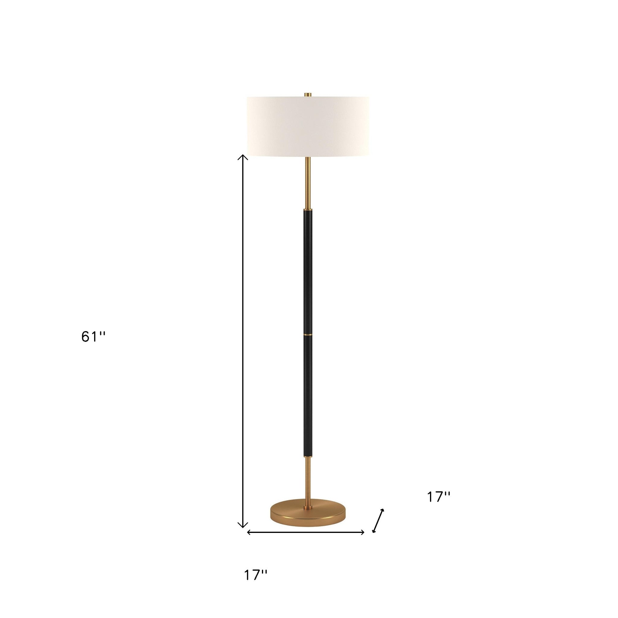 61" Gold And White Two Light Floor Lamp With White Fabric Drum Shade