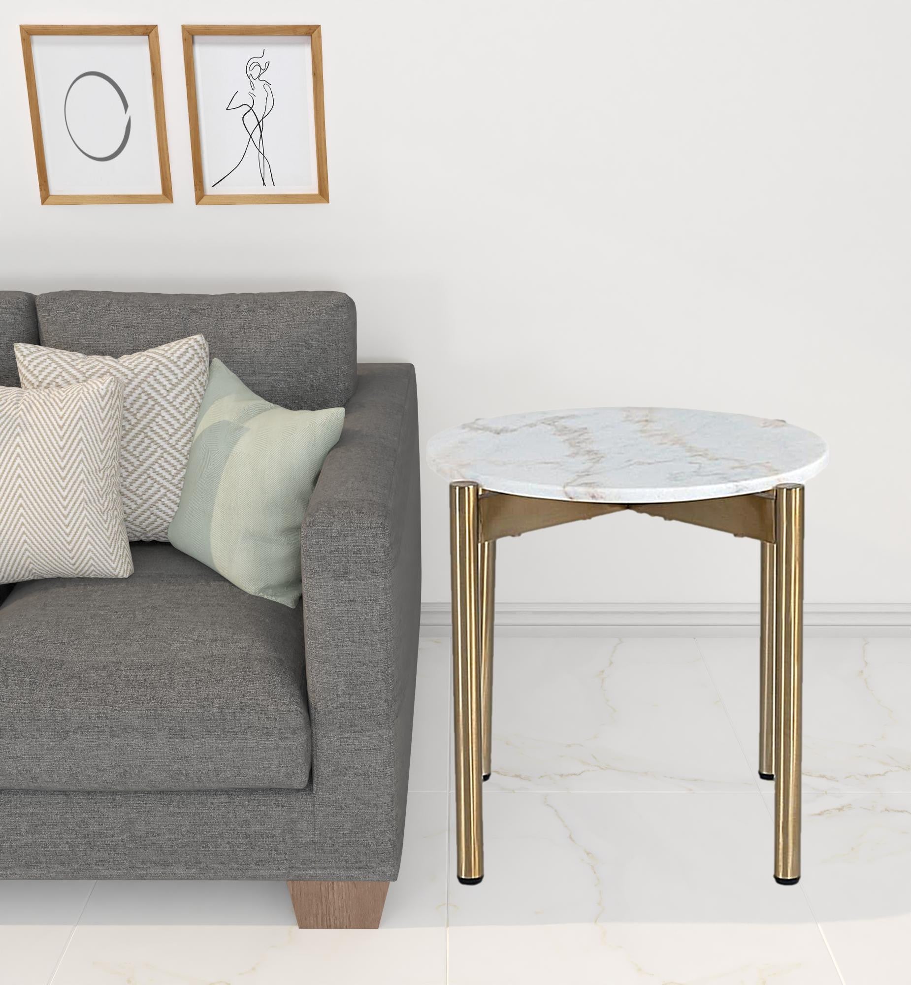 22" Gold And White Marble Round End Table