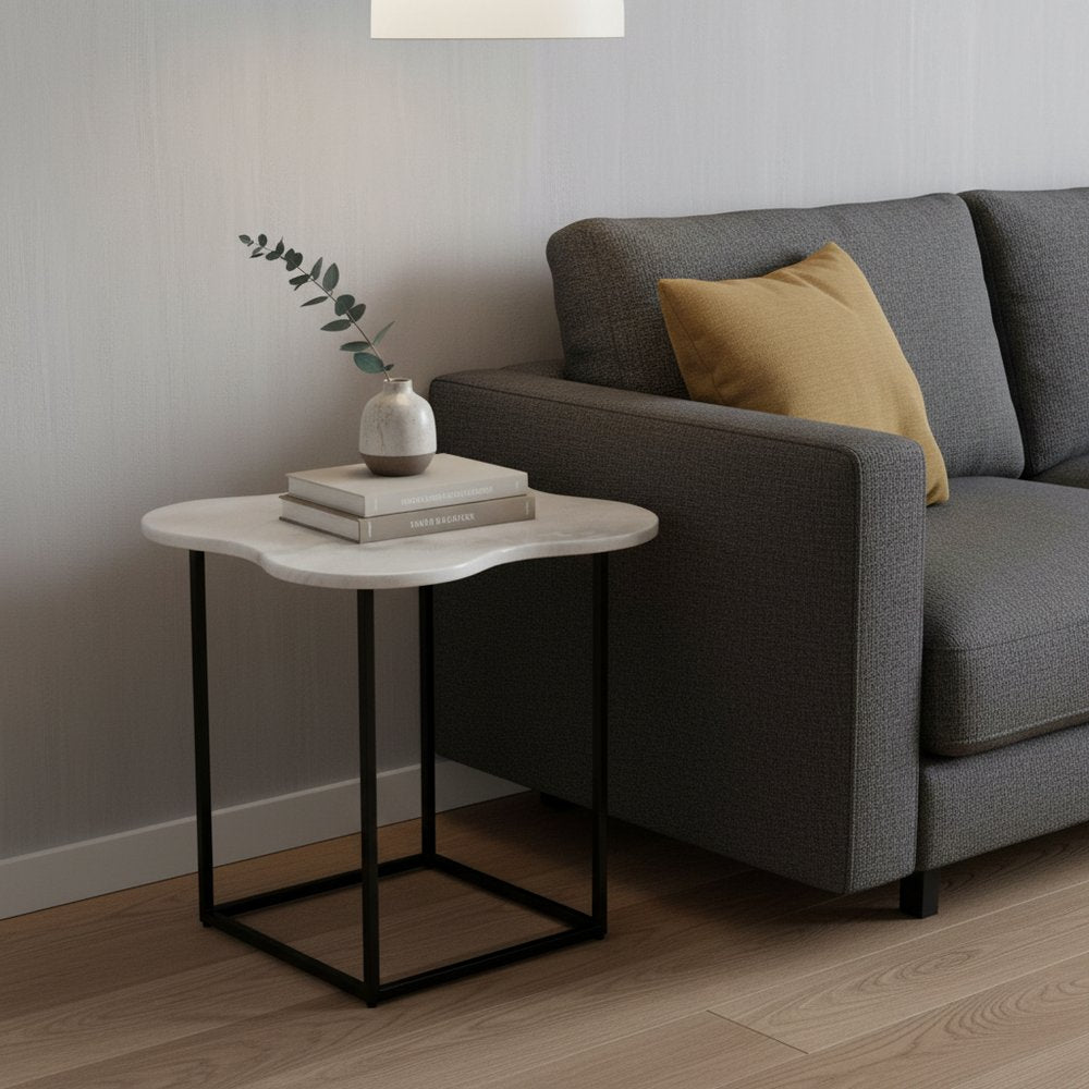 15" Black And White Marble Free Form End Table