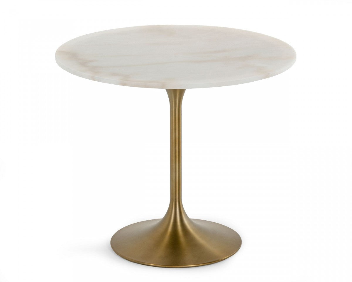 35" White And Gold Rounded Marble And Metal Dining Table