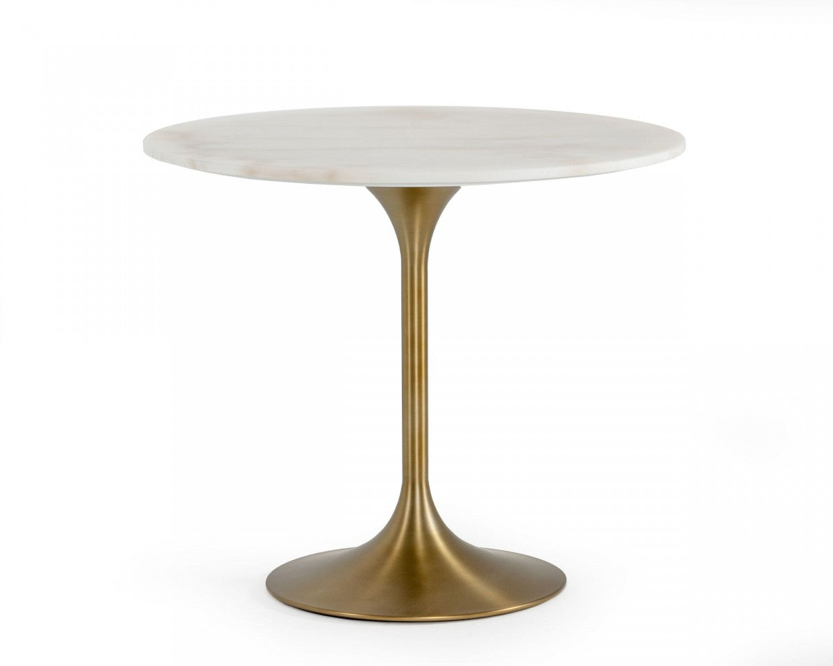 35" White And Gold Rounded Marble And Metal Dining Table