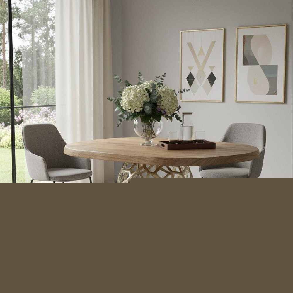 47" Acacia Live Edge Rounded Solid Wood And Brass Dining Table