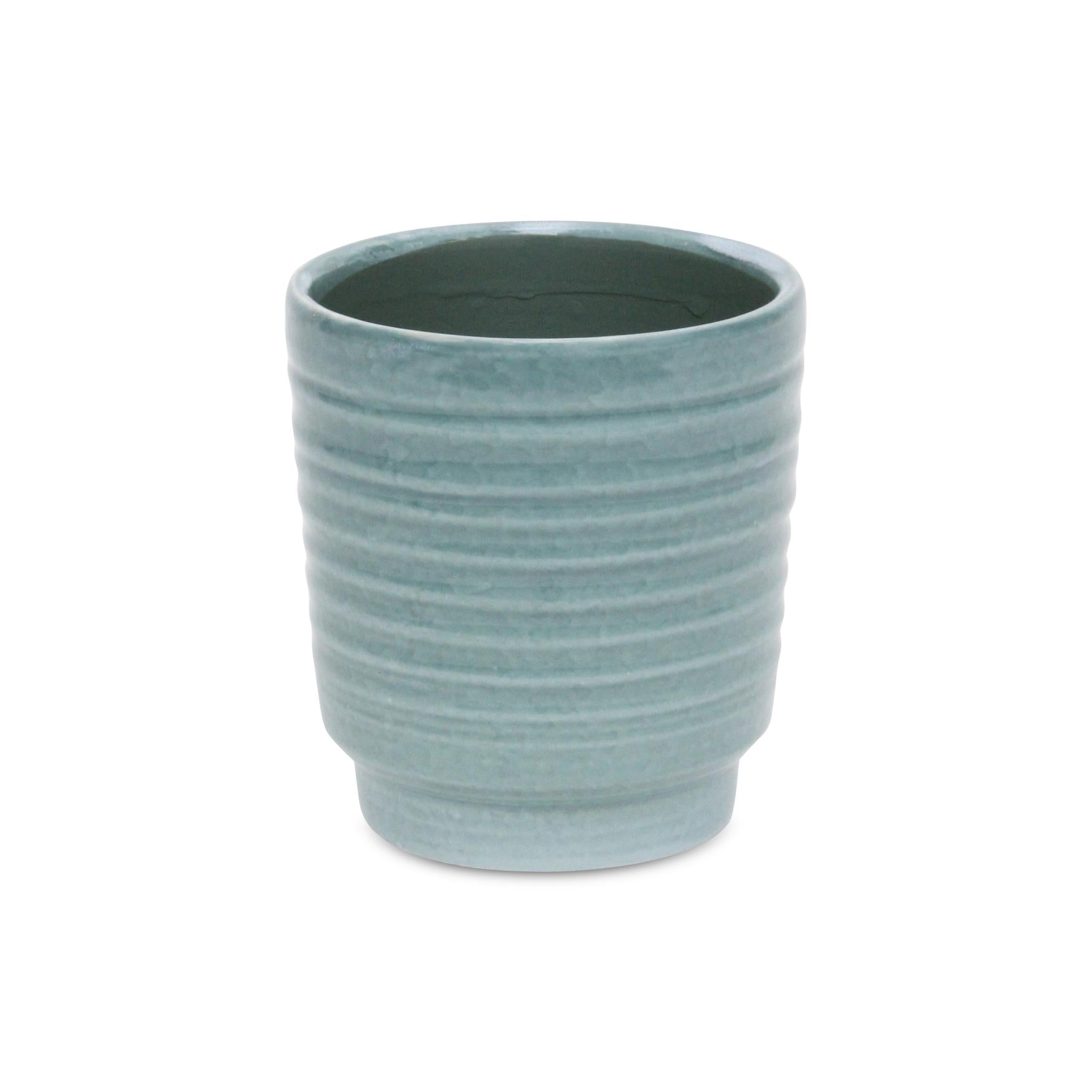 Celadon Ceramic 35 Ounce Striped Round Distressed Pot Planter