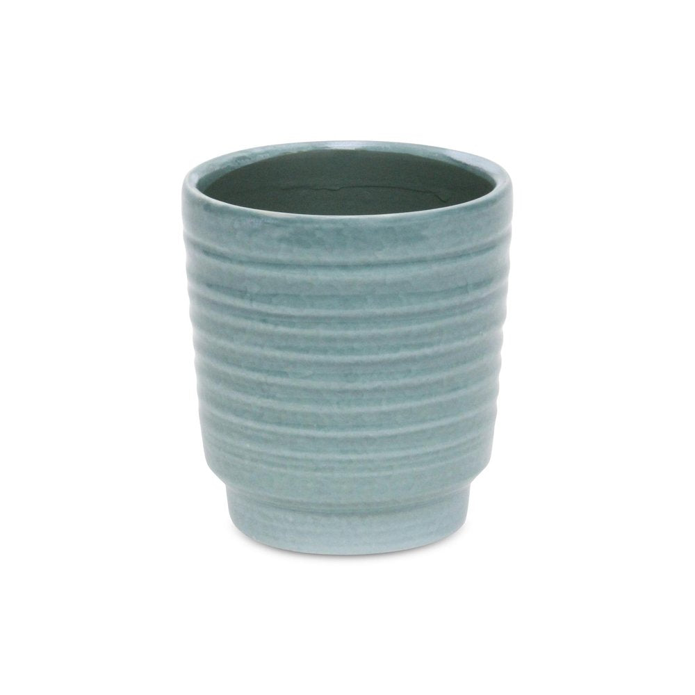Celadon Ceramic 35 Ounce Striped Round Distressed Pot Planter