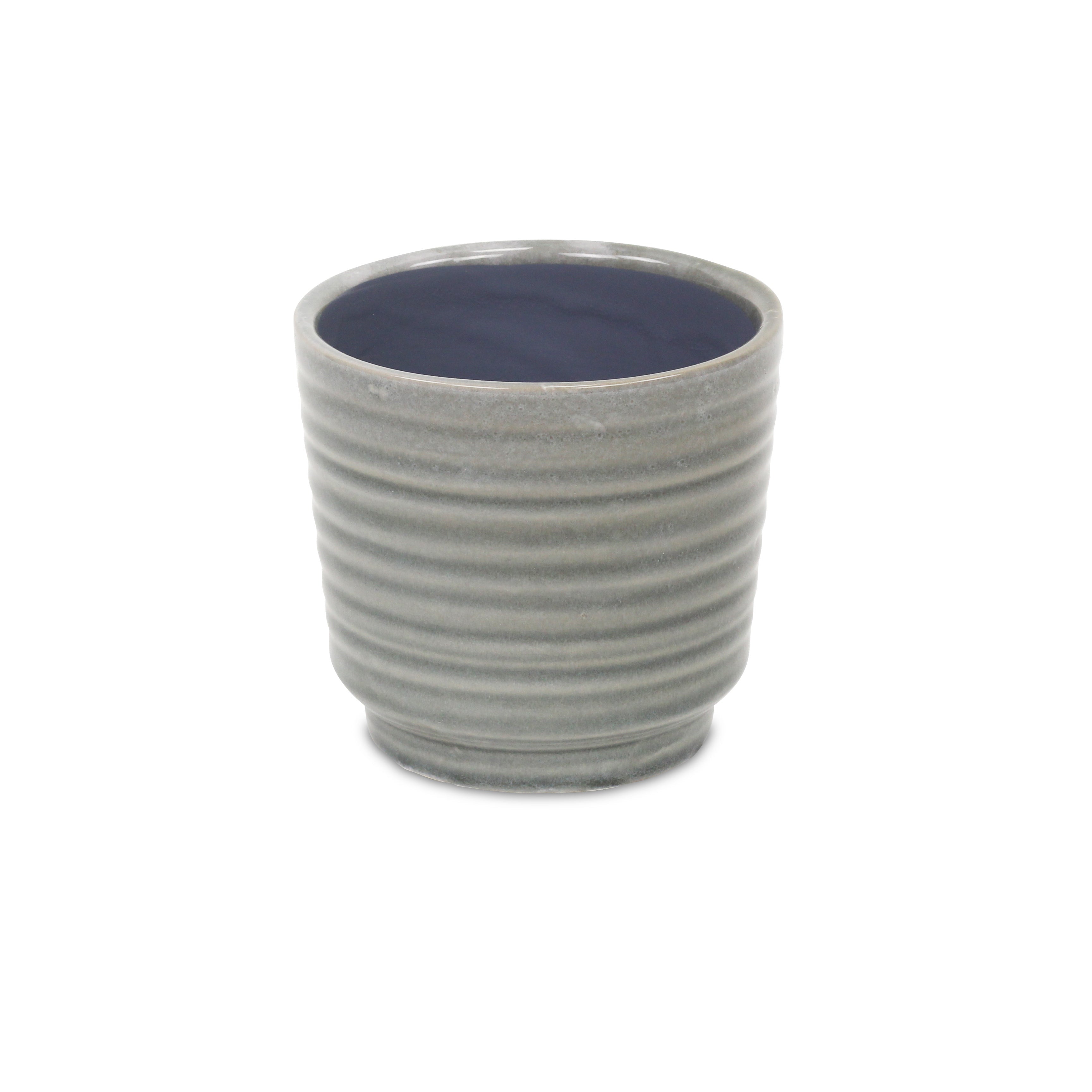 Gray Ceramic 23 Ounce Striped Round Distressed Pot Planter