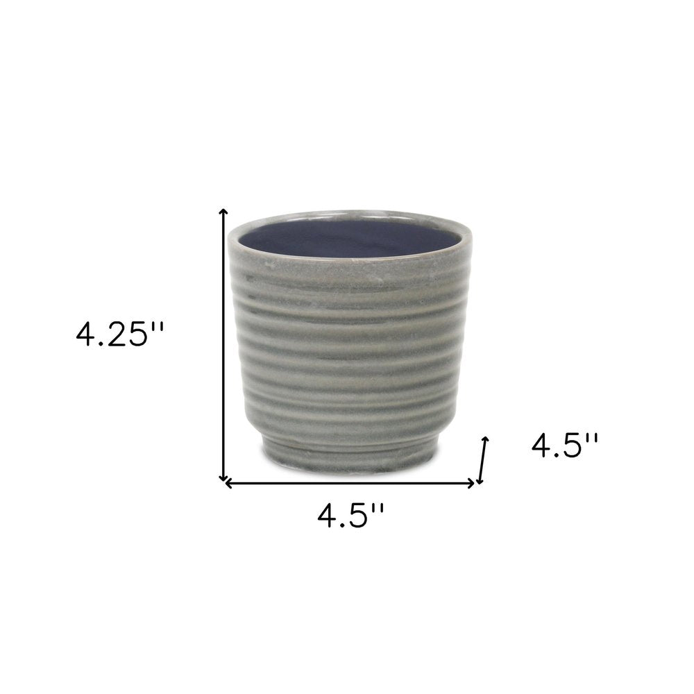 Gray Ceramic 23 Ounce Striped Round Distressed Pot Planter