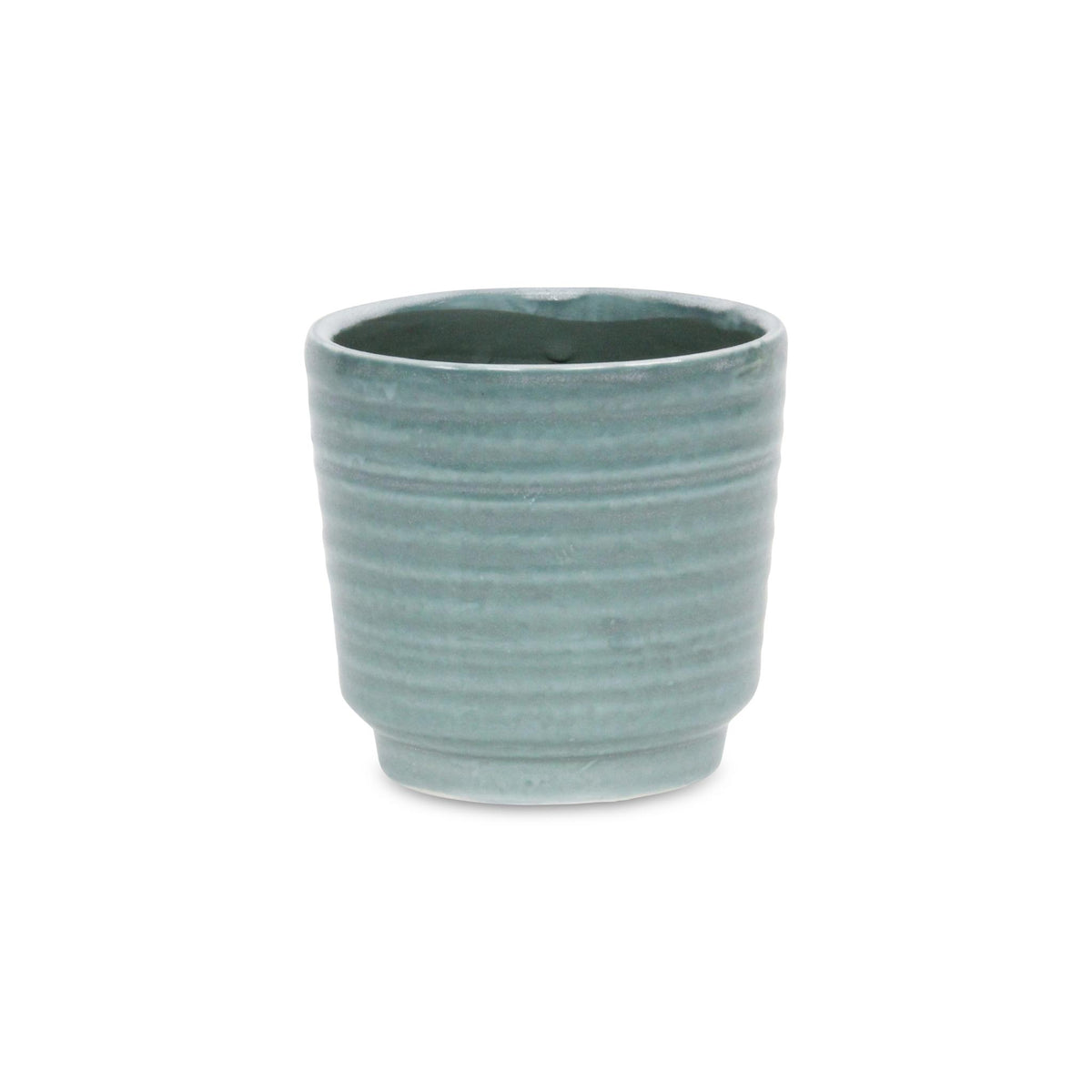 Green Ceramic 23 Ounce Striped Round Distressed Pot Planter