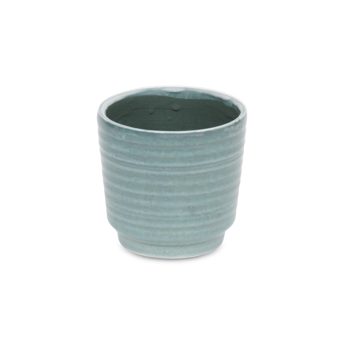 Green Ceramic 23 Ounce Striped Round Distressed Pot Planter