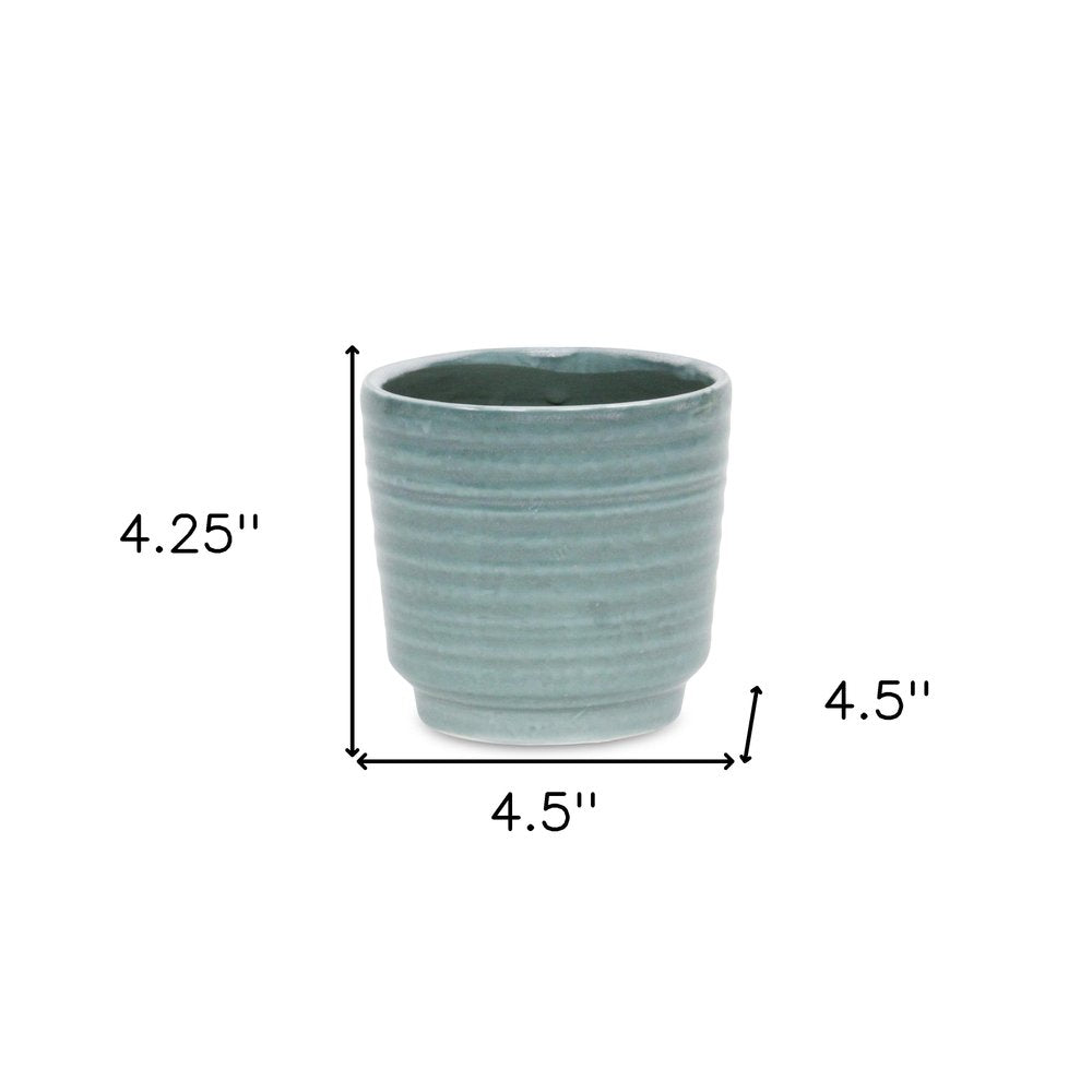 Green Ceramic 23 Ounce Striped Round Distressed Pot Planter