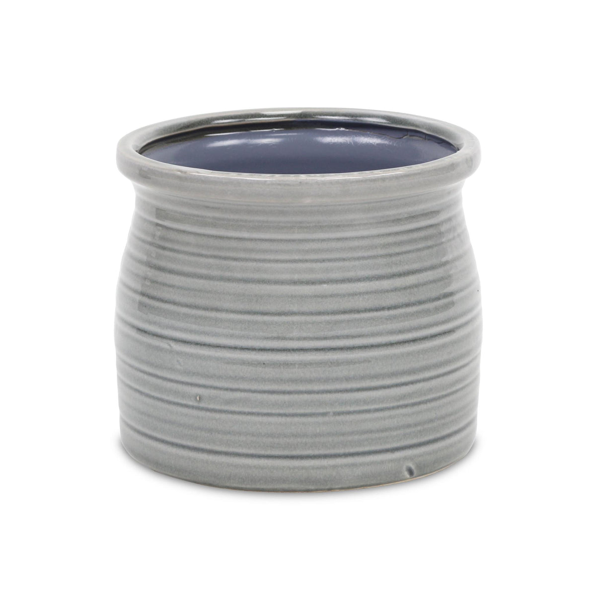 Gray Ceramic 51 Ounce Striped Round Distressed Pot Planter