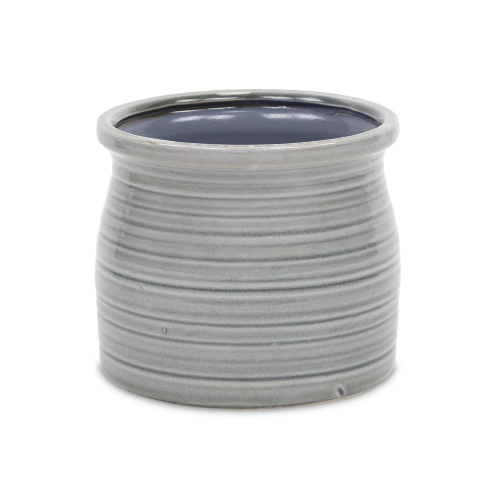 Gray Ceramic 51 Ounce Striped Round Distressed Pot Planter