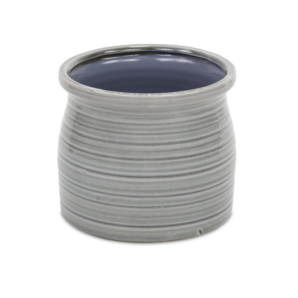 Gray Ceramic 51 Ounce Striped Round Distressed Pot Planter