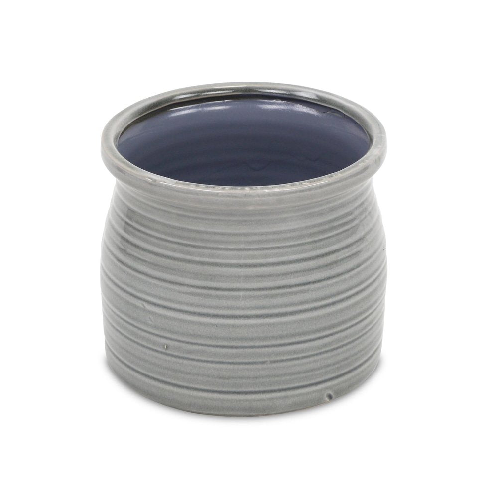 Gray Ceramic 51 Ounce Striped Round Distressed Pot Planter