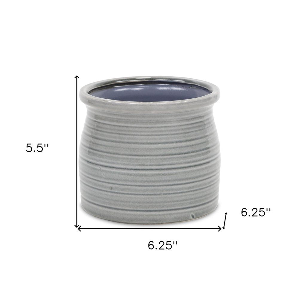 Gray Ceramic 51 Ounce Striped Round Distressed Pot Planter