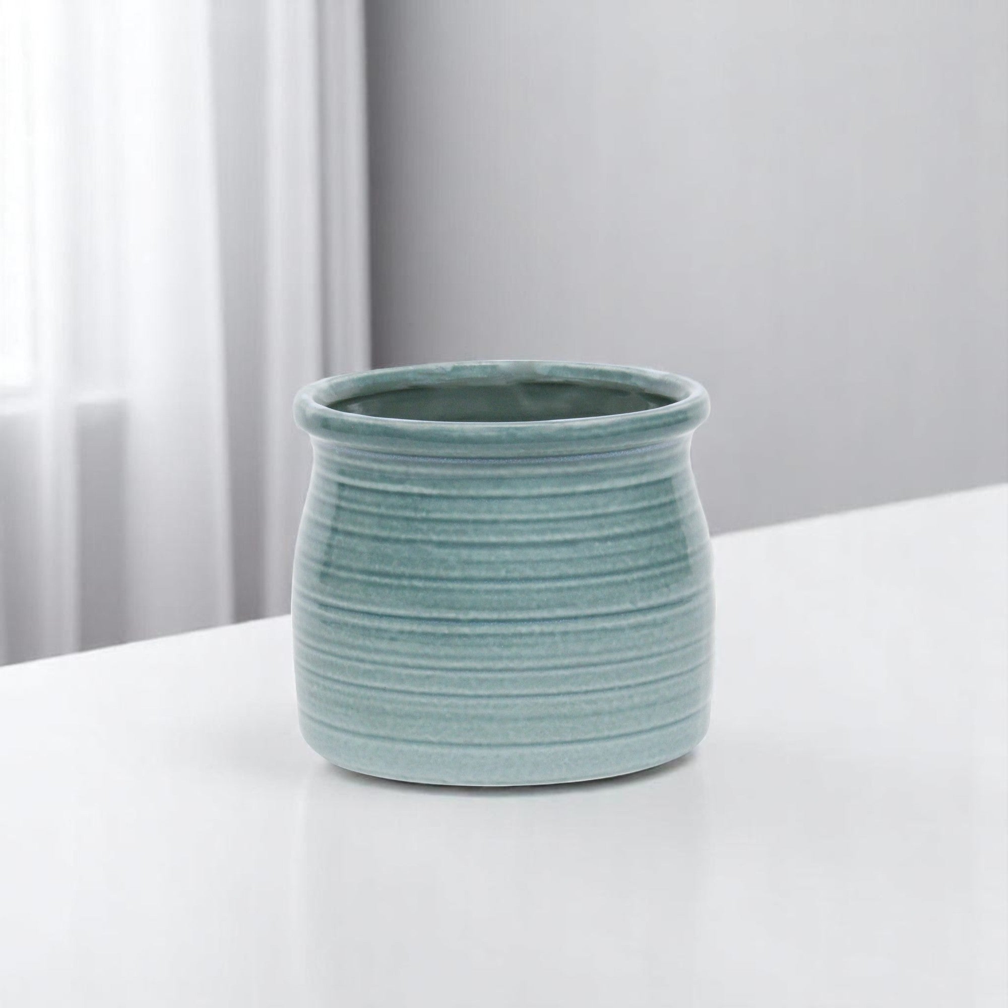 Celadon Ceramic 51 Ounce Striped Round Distressed Pot Planter
