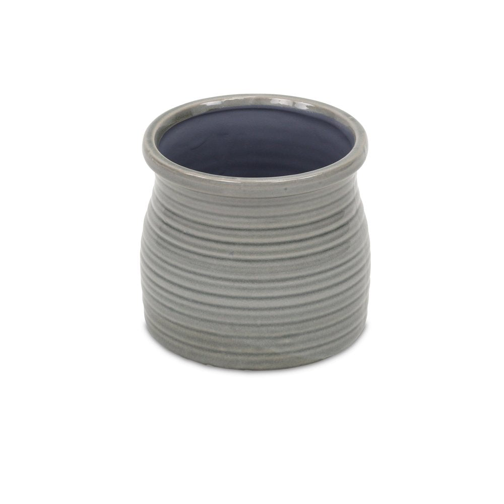 Gray Ceramic 51 Ounce Striped Round Distressed Pot Planter
