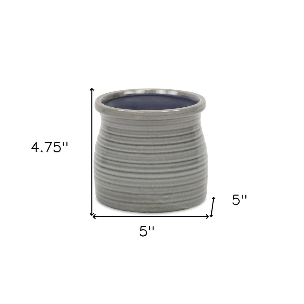 Gray Ceramic 51 Ounce Striped Round Distressed Pot Planter